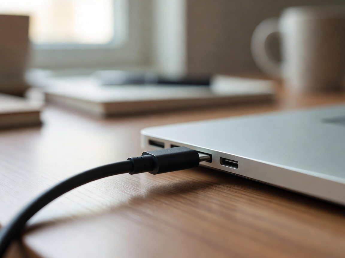Close-up of a USB-C charging cable plugged into the side of a laptop, softly blurred desk behind