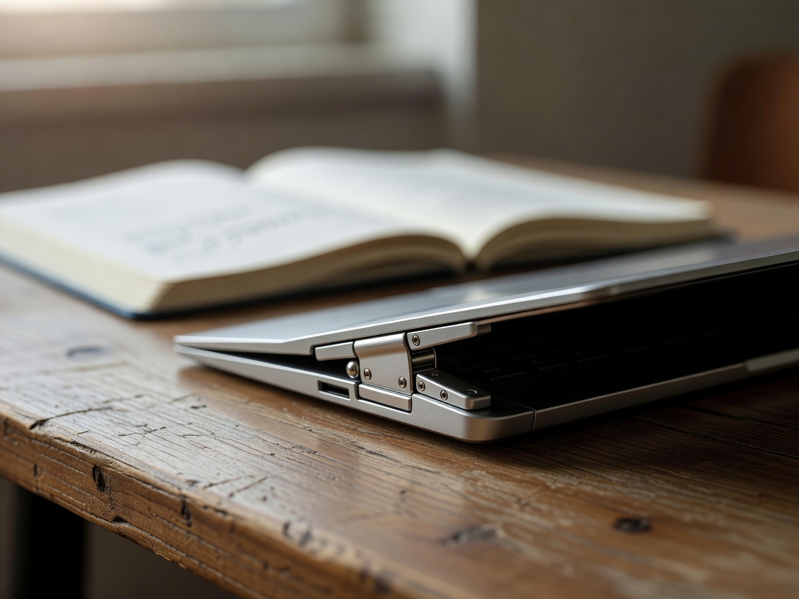 Close-up of a slim laptop hinge on a wooden student desk with a blurred notebook behind