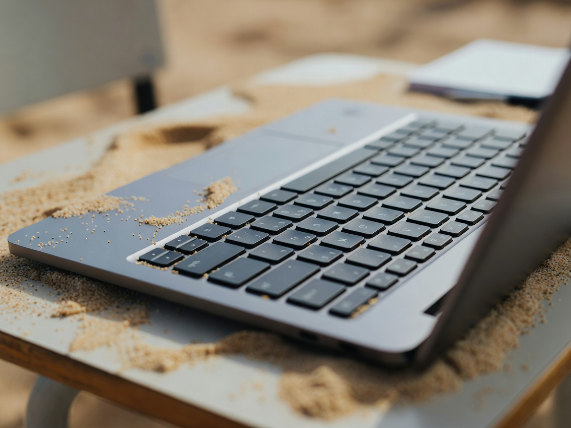 Close-up of laptop keyboard keys with shallow depth of field on a sandy student desk