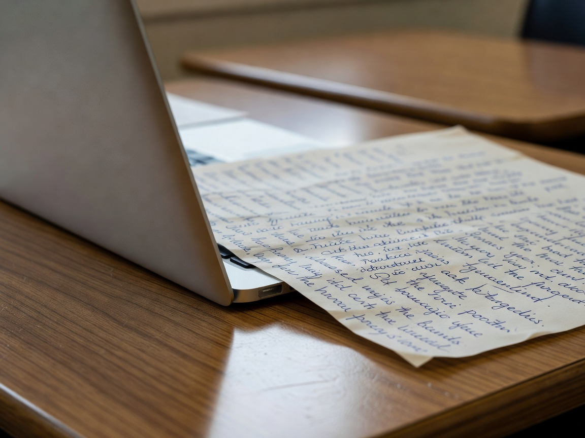 Close-up of a laptop screen edge beside handwritten lecture notes on a student desk