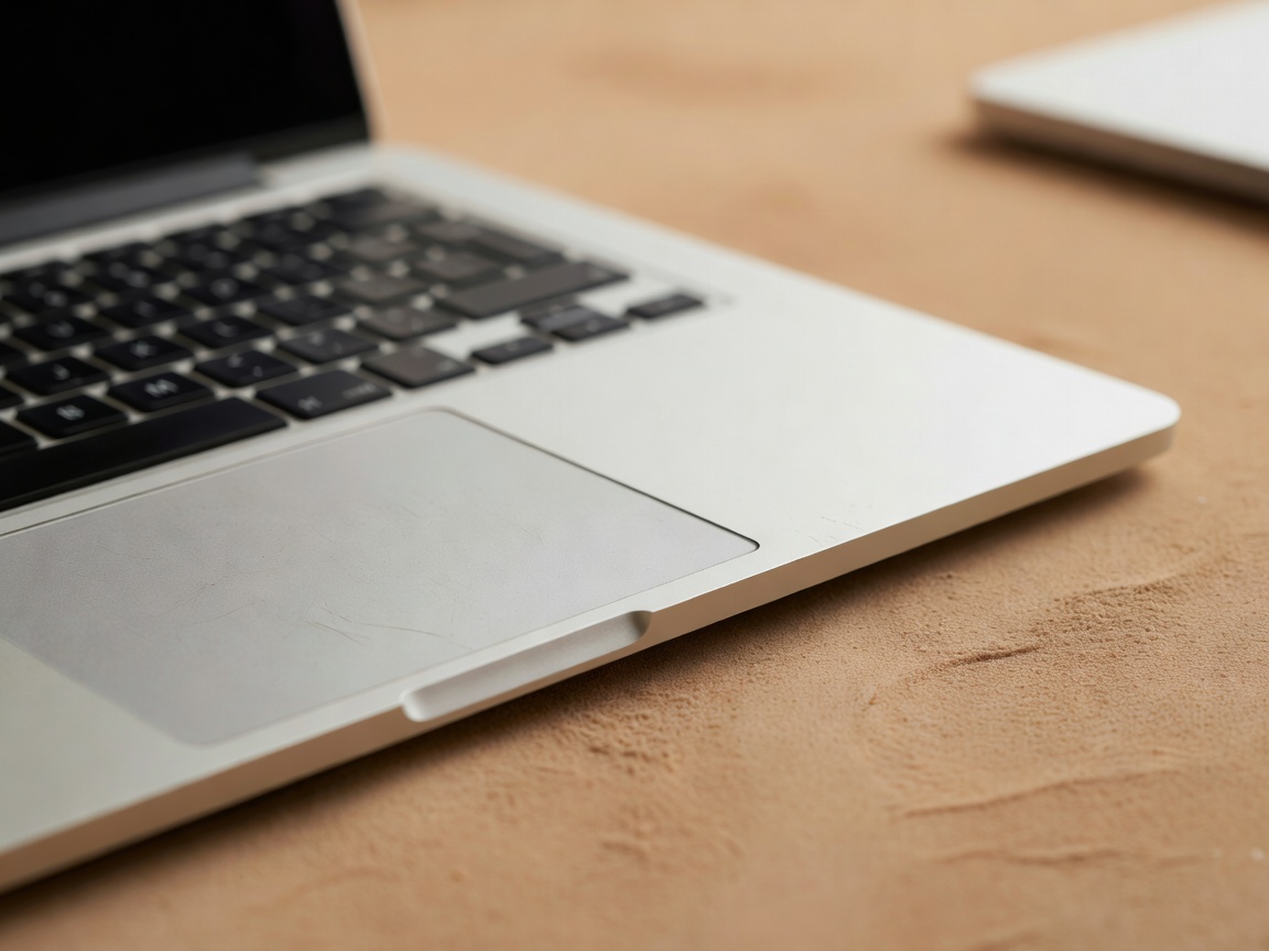 Close-up of a laptop trackpad and palm rest on a warm sand-coloured desk, softly blurred