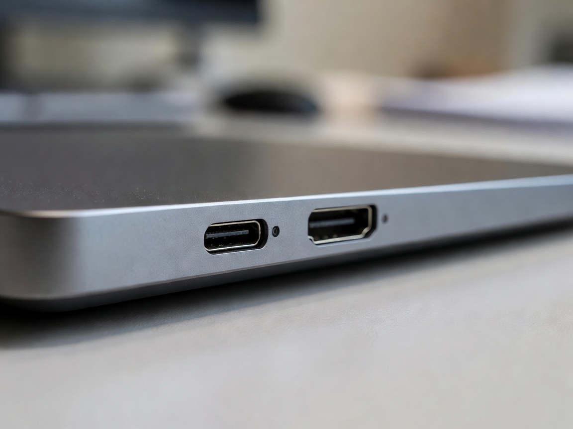 Close-up of USB-C and HDMI ports on the side of a laptop, blurred desk in the background