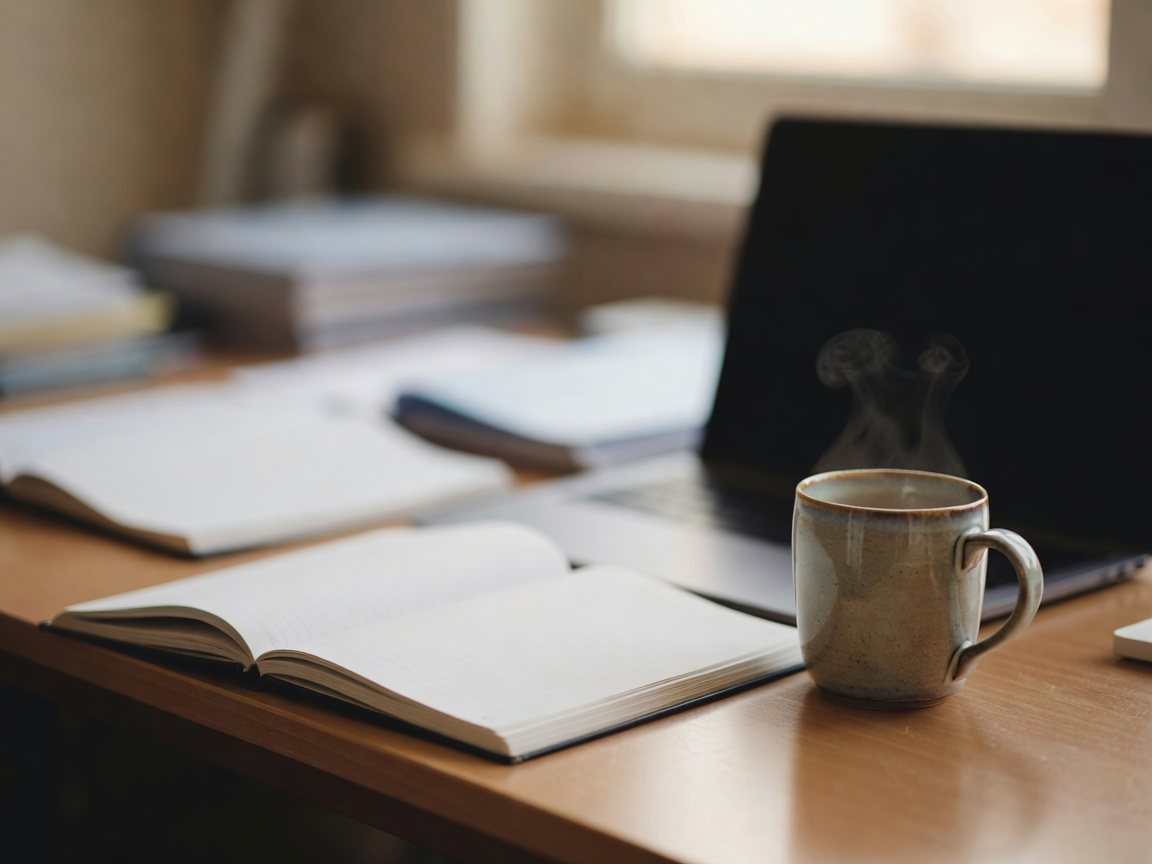 Open notebook and a ceramic mug beside a laptop on a student desk, shallow depth of field