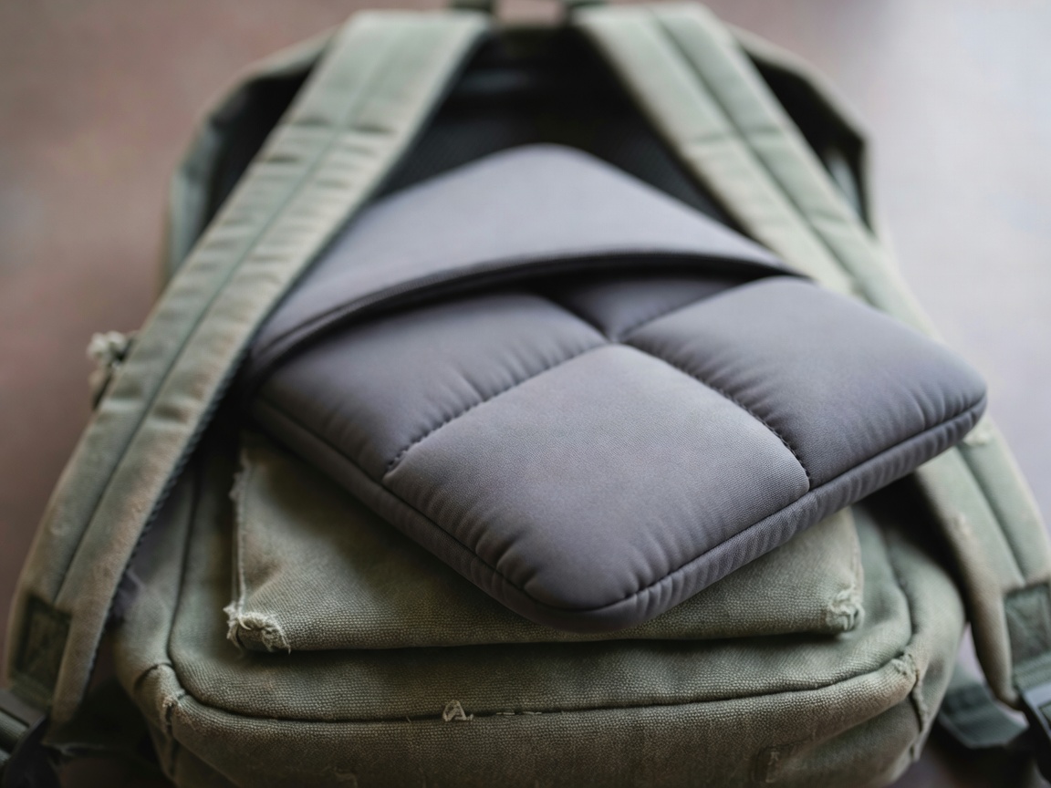 Close-up of a padded laptop sleeve sliding into a student backpack, blurred straps in the background